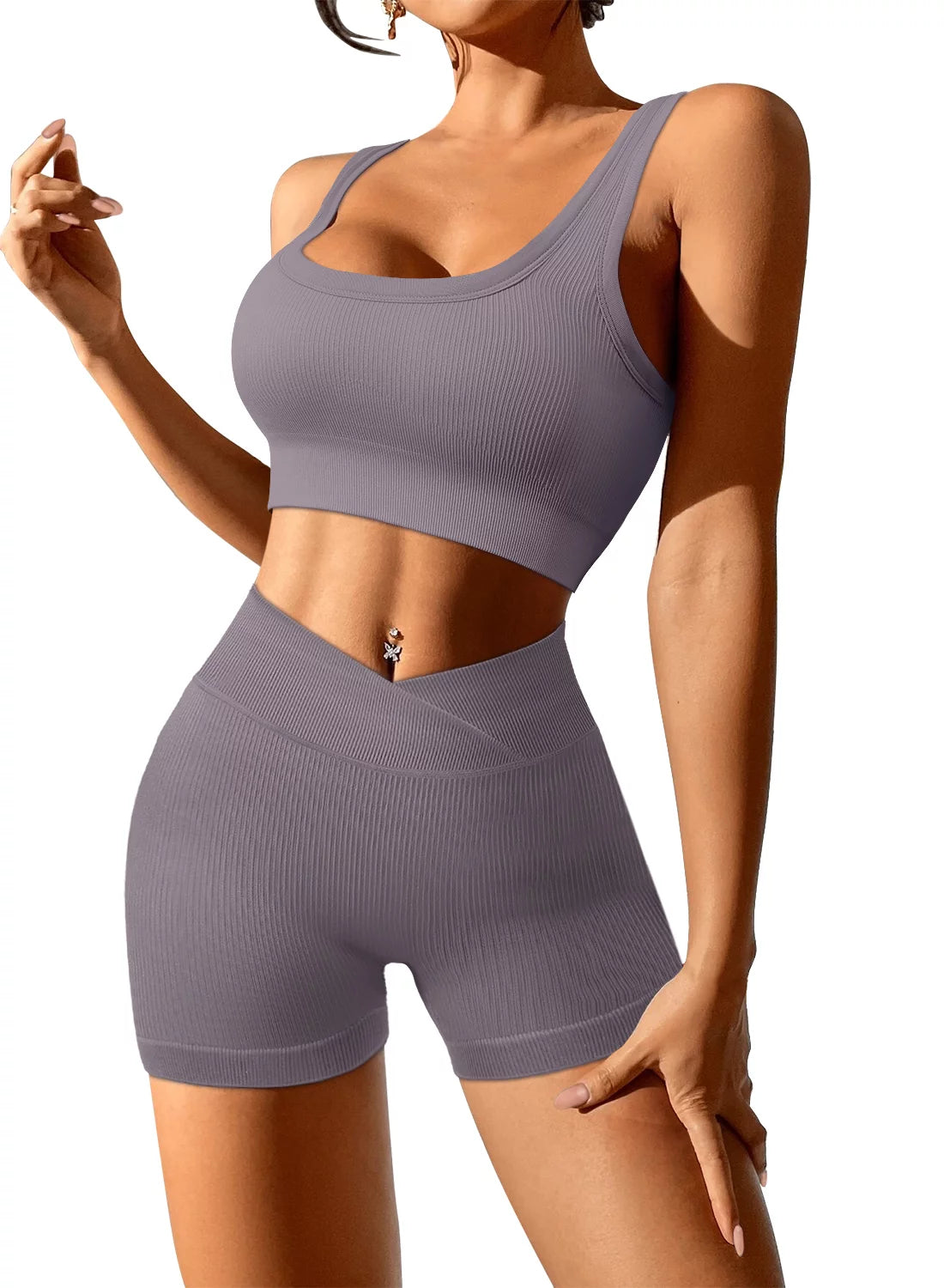 2 Piece Yoga Outfit Seamless Workout Set High Waist Exercise Short Pants with Sport Bra Tracksuit Gym Tracksuits